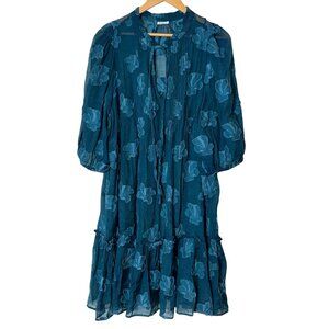 Sundance Teal Blue Floral Mini  Dress Boho Elegant Tie Neck Size Medium M Womwns